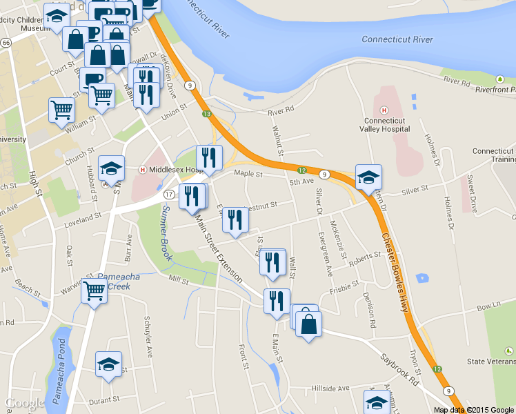 map of restaurants, bars, coffee shops, grocery stores, and more near 54 Chestnut Street in Middletown