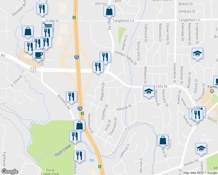 map of restaurants, bars, coffee shops, grocery stores, and more near Summit Hills Drive in Bettendorf