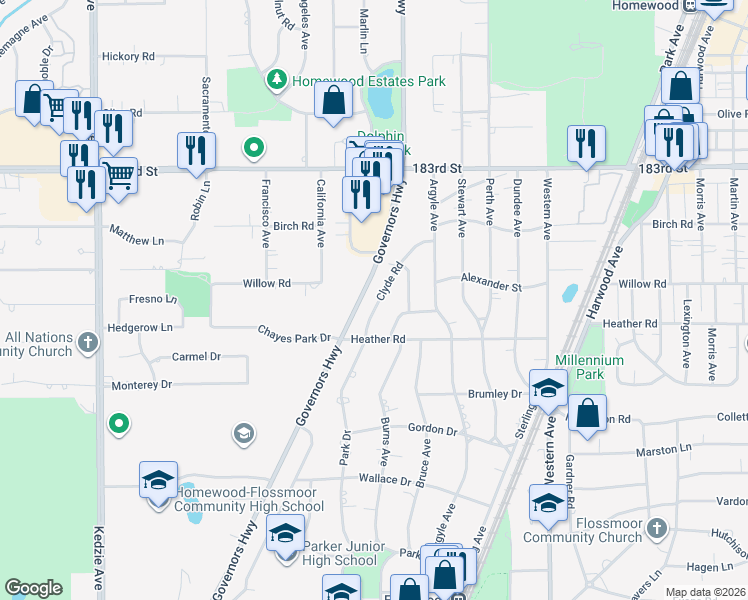 map of restaurants, bars, coffee shops, grocery stores, and more near 18516 Clyde Road in Homewood