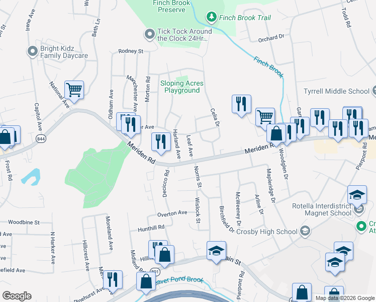 map of restaurants, bars, coffee shops, grocery stores, and more near 22 Leaf Avenue in Waterbury