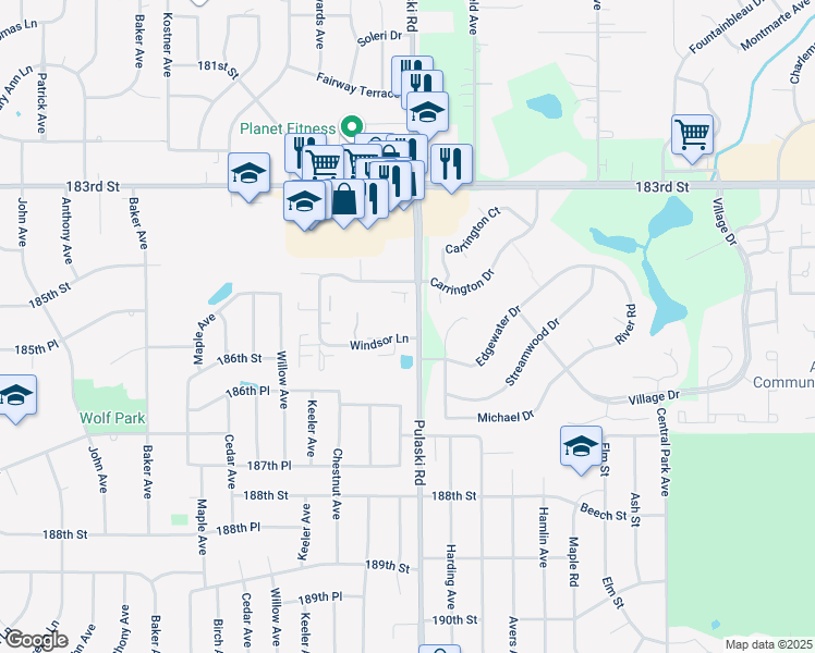 map of restaurants, bars, coffee shops, grocery stores, and more near 18450 Pulaski Road in Country Club Hills