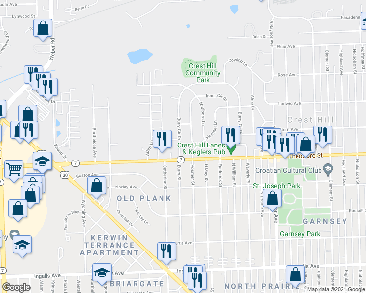 map of restaurants, bars, coffee shops, grocery stores, and more near 1606 Burry Circle Drive in Crest Hill