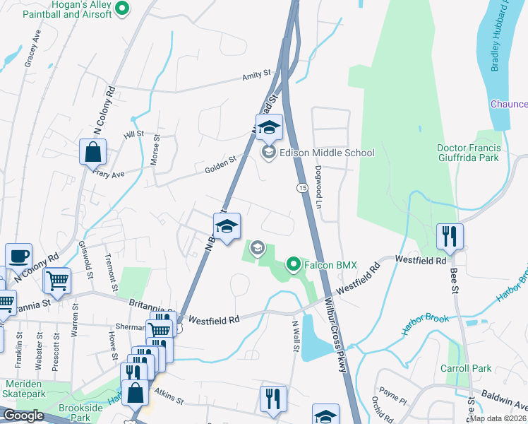 map of restaurants, bars, coffee shops, grocery stores, and more near 59 Robin Hill Road in Meriden