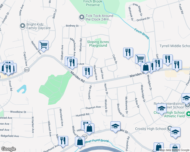 map of restaurants, bars, coffee shops, grocery stores, and more near 29 Harland Avenue in Waterbury