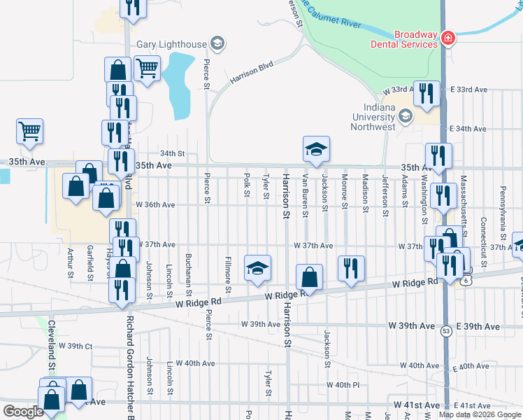 map of restaurants, bars, coffee shops, grocery stores, and more near 901 West 36th Avenue in Gary