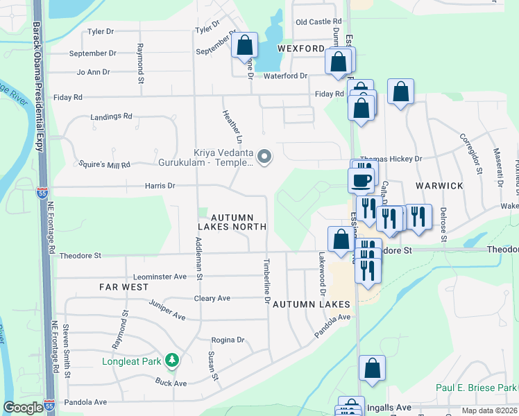 map of restaurants, bars, coffee shops, grocery stores, and more near 1701 Timberline Dr in Joliet