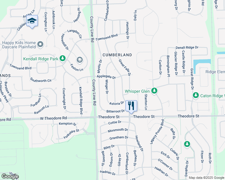 map of restaurants, bars, coffee shops, grocery stores, and more near 1801 Mandan Village Drive in Plainfield