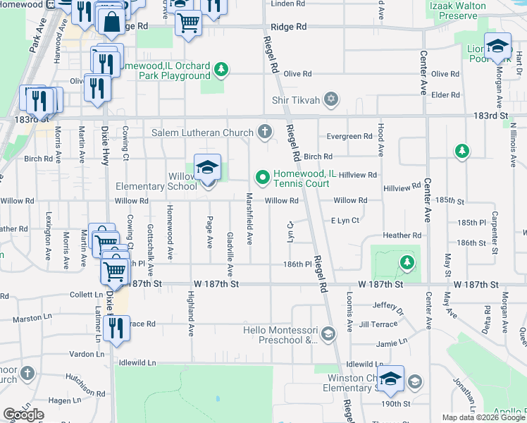 map of restaurants, bars, coffee shops, grocery stores, and more near 18520 Ashland Avenue in Homewood
