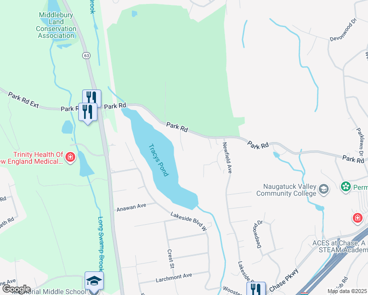 map of restaurants, bars, coffee shops, grocery stores, and more near 11-11 Lakeside Boulevard East in Waterbury