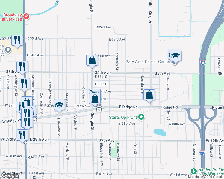 map of restaurants, bars, coffee shops, grocery stores, and more near 1008 E 36th Ave in Gary