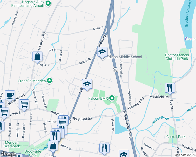 map of restaurants, bars, coffee shops, grocery stores, and more near 59 Robin Hill Road in Meriden