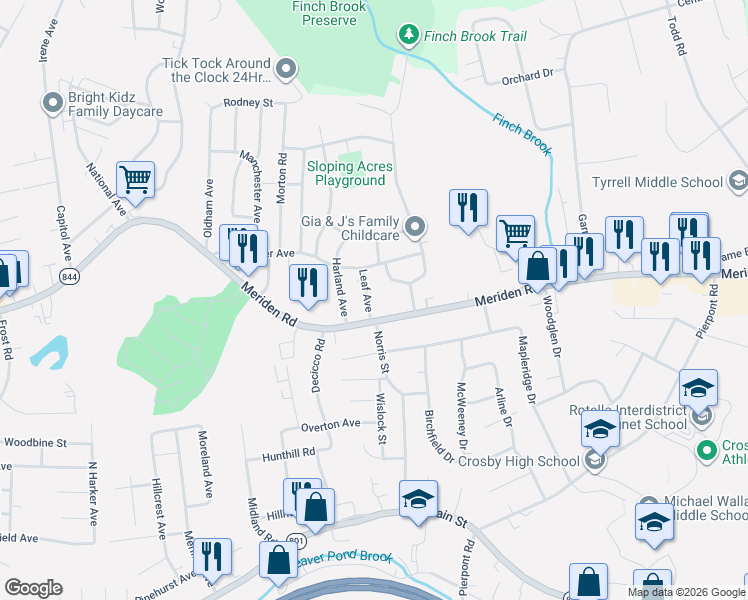 map of restaurants, bars, coffee shops, grocery stores, and more near 22 Leaf Avenue in Waterbury