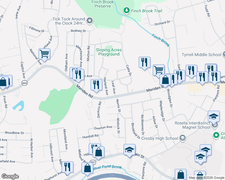 map of restaurants, bars, coffee shops, grocery stores, and more near 22 Leaf Avenue in Waterbury