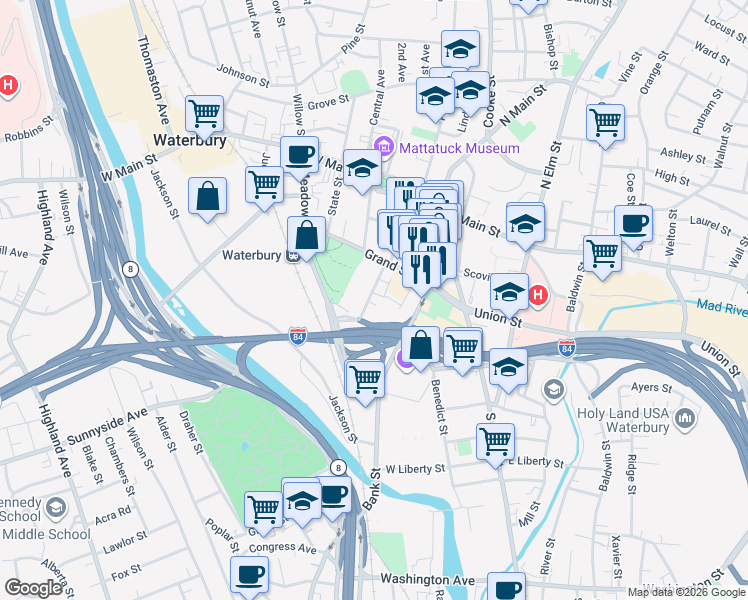 map of restaurants, bars, coffee shops, grocery stores, and more near 64 Field Street in Waterbury