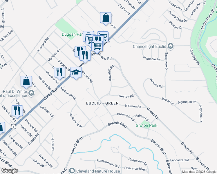 map of restaurants, bars, coffee shops, grocery stores, and more near 1915 Cliffview Road in Cleveland