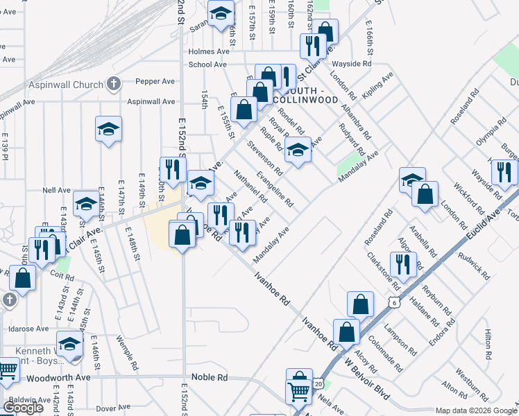 map of restaurants, bars, coffee shops, grocery stores, and more near 990 Nathaniel Road in Cleveland