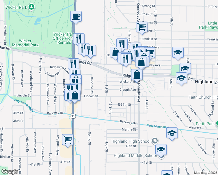map of restaurants, bars, coffee shops, grocery stores, and more near 8786-8840 1st St in Highland