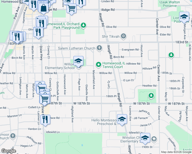 map of restaurants, bars, coffee shops, grocery stores, and more near 18520 Ashland Avenue in Homewood