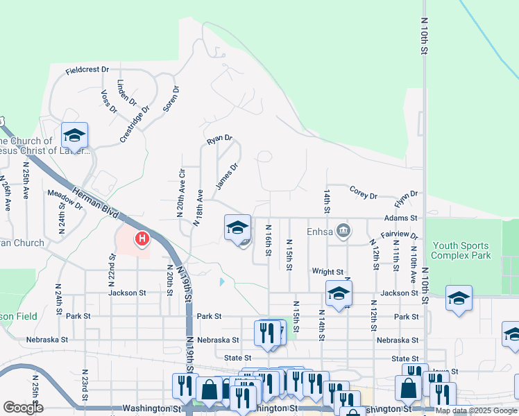 map of restaurants, bars, coffee shops, grocery stores, and more near 1616 Adams Street in Blair