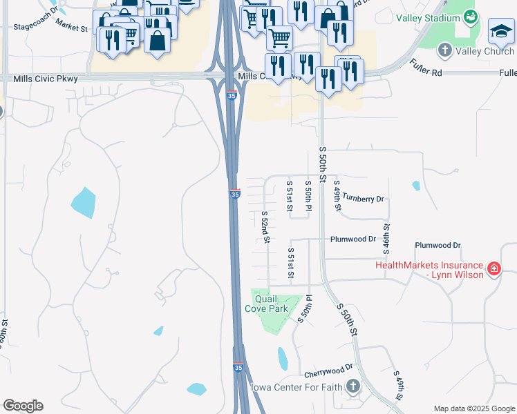 map of restaurants, bars, coffee shops, grocery stores, and more near 1209 South 52nd Street in West Des Moines