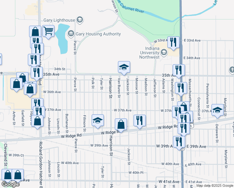 map of restaurants, bars, coffee shops, grocery stores, and more near 3600 Van Buren Street in Gary