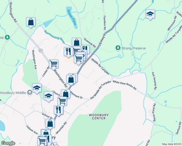 map of restaurants, bars, coffee shops, grocery stores, and more near 74 Main Street North in Woodbury
