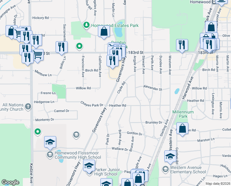 map of restaurants, bars, coffee shops, grocery stores, and more near 18516 Clyde Road in Homewood