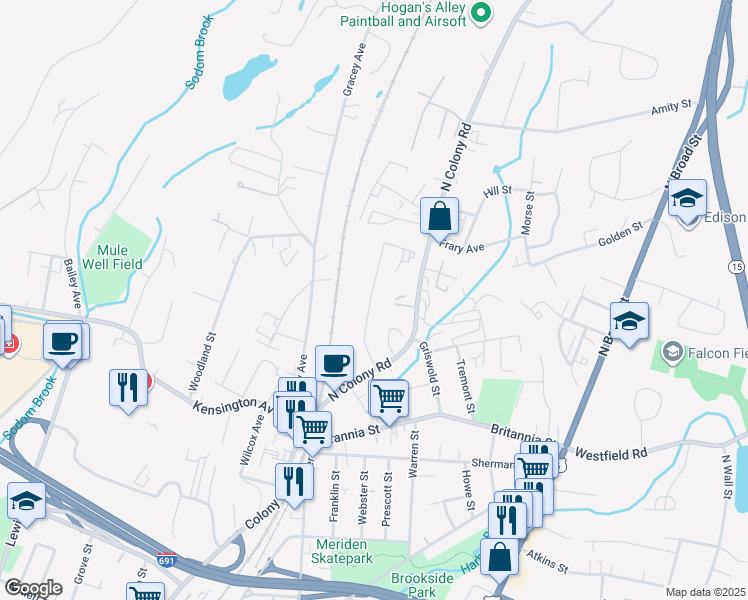 map of restaurants, bars, coffee shops, grocery stores, and more near 93 Hicks Street in Meriden