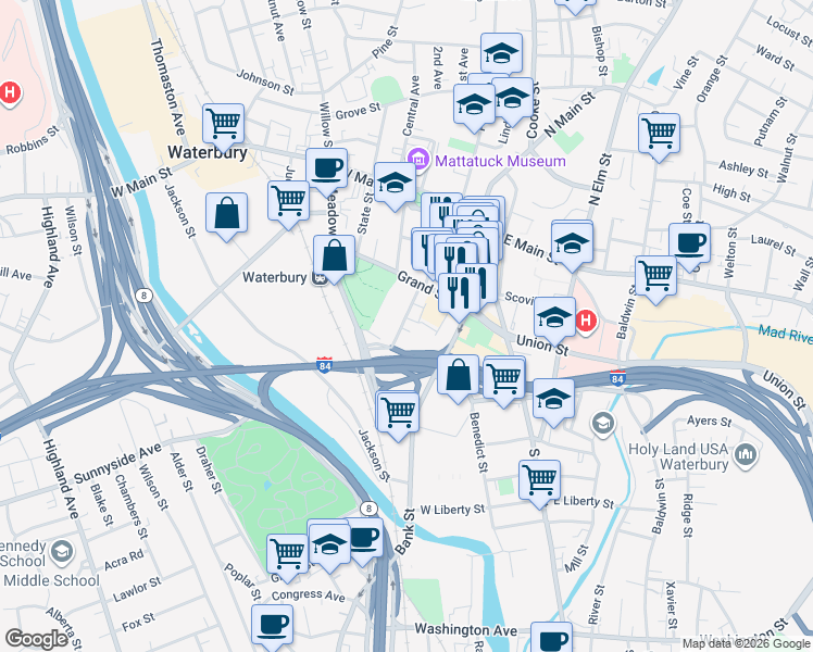 map of restaurants, bars, coffee shops, grocery stores, and more near 64 Field Street in Waterbury