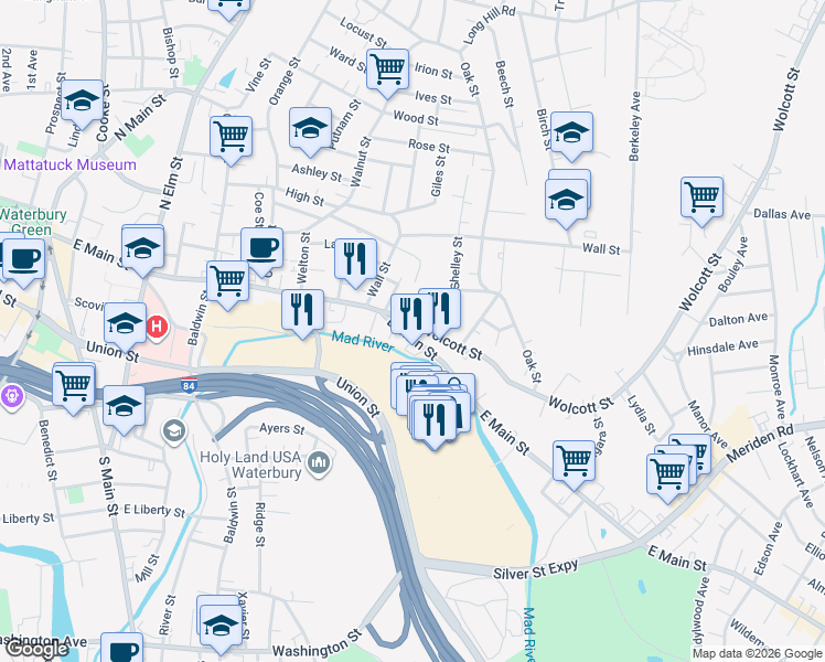 map of restaurants, bars, coffee shops, grocery stores, and more near 68 Wolcott Street in Waterbury