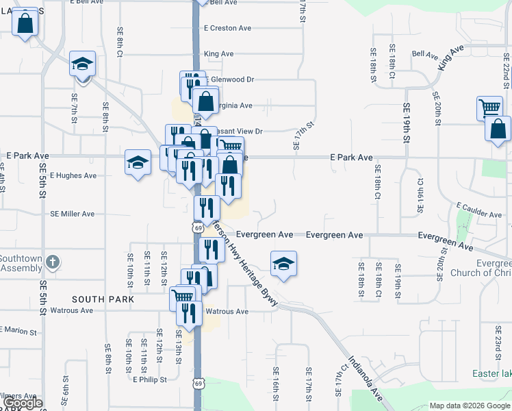 map of restaurants, bars, coffee shops, grocery stores, and more near 1512 Evergreen Avenue in Des Moines