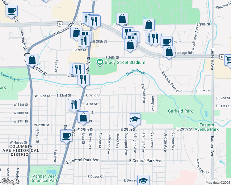 map of restaurants, bars, coffee shops, grocery stores, and more near 638 E 32nd St in Davenport