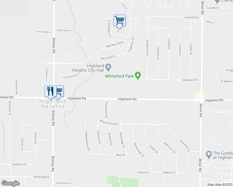 map of restaurants, bars, coffee shops, grocery stores, and more near 5827 Highland Road in Cleveland