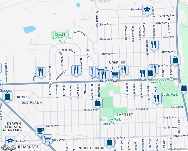 map of restaurants, bars, coffee shops, grocery stores, and more near 1610 N Prairie Ave in Crest Hill