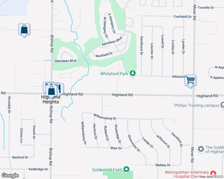 map of restaurants, bars, coffee shops, grocery stores, and more near 5827 Highland Road in Cleveland