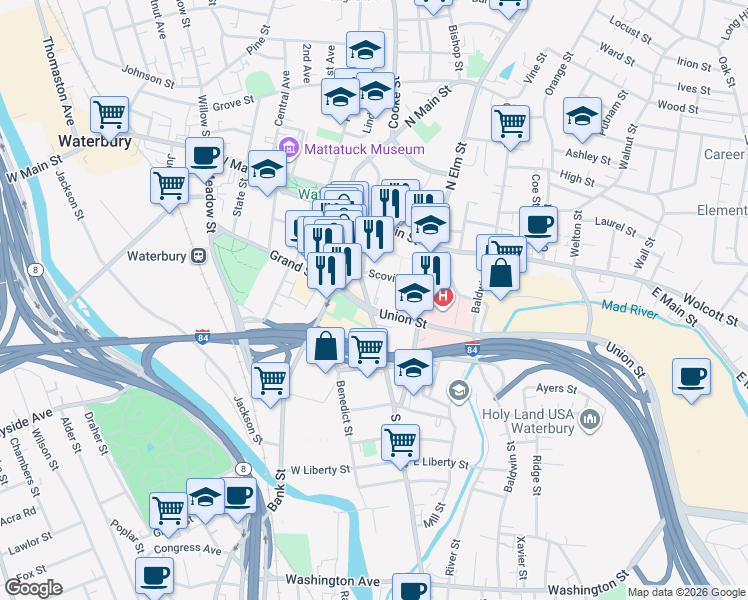map of restaurants, bars, coffee shops, grocery stores, and more near 185 South Main Street in Waterbury