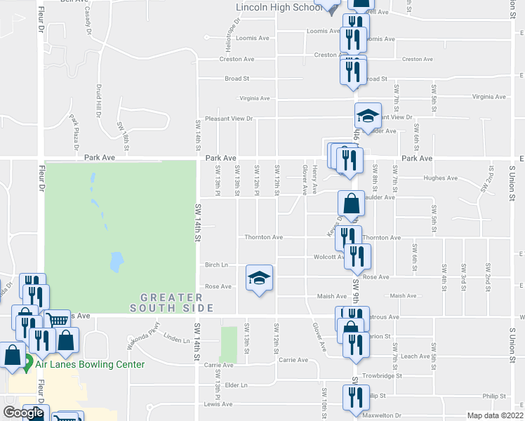 map of restaurants, bars, coffee shops, grocery stores, and more near 3415 Southwest 12th Place in Des Moines