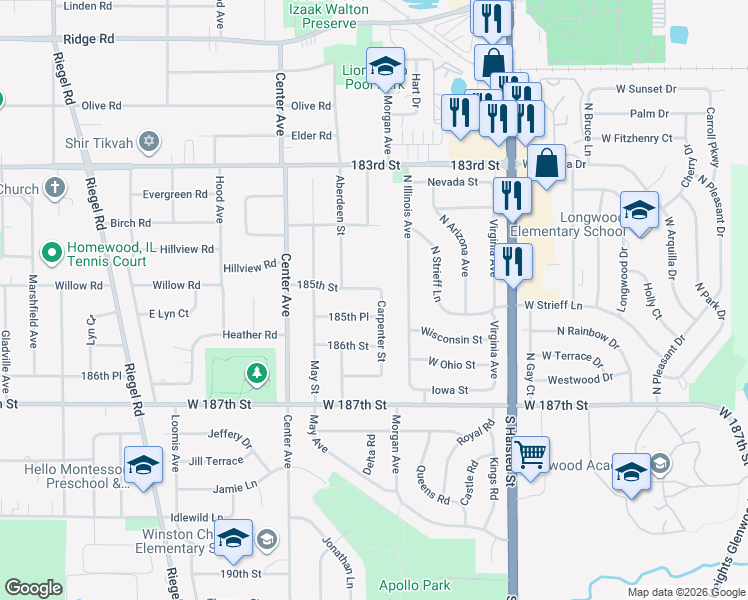 map of restaurants, bars, coffee shops, grocery stores, and more near 18510 Carpenter Street in Homewood