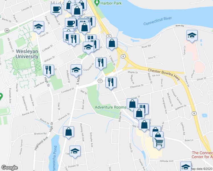 map of restaurants, bars, coffee shops, grocery stores, and more near 117 Main Street Extension in Middletown