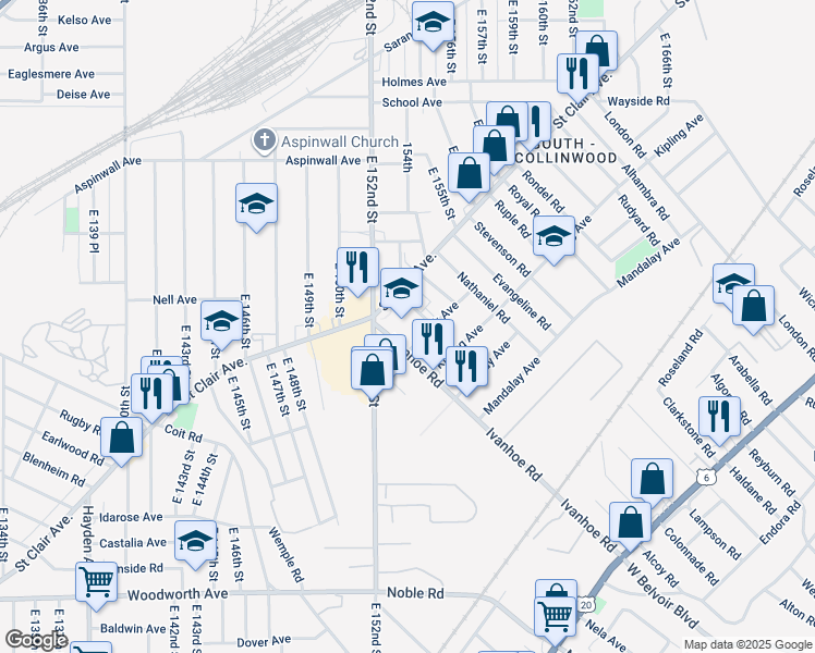map of restaurants, bars, coffee shops, grocery stores, and more near 15210 Saint Clair Avenue in Cleveland