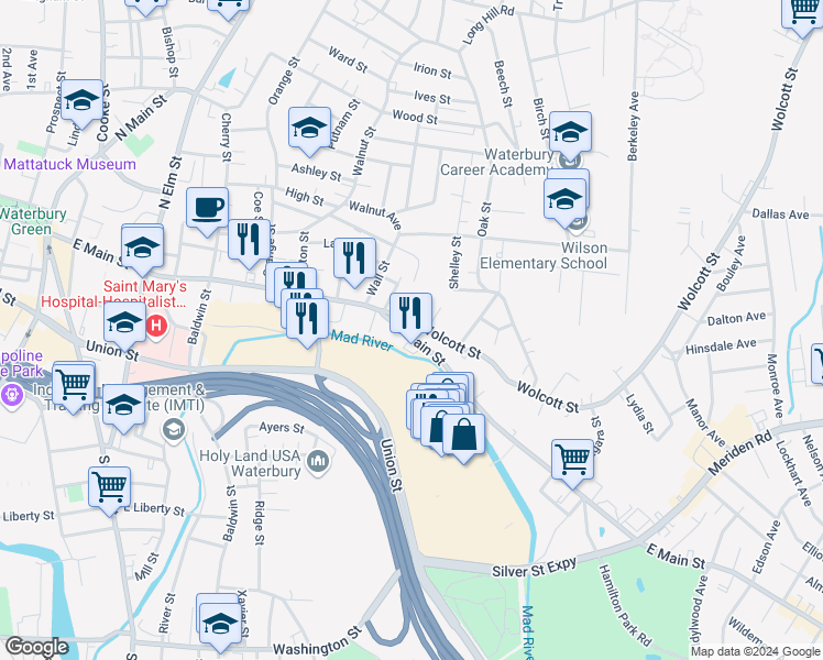 map of restaurants, bars, coffee shops, grocery stores, and more near 807 East Main Street in Waterbury