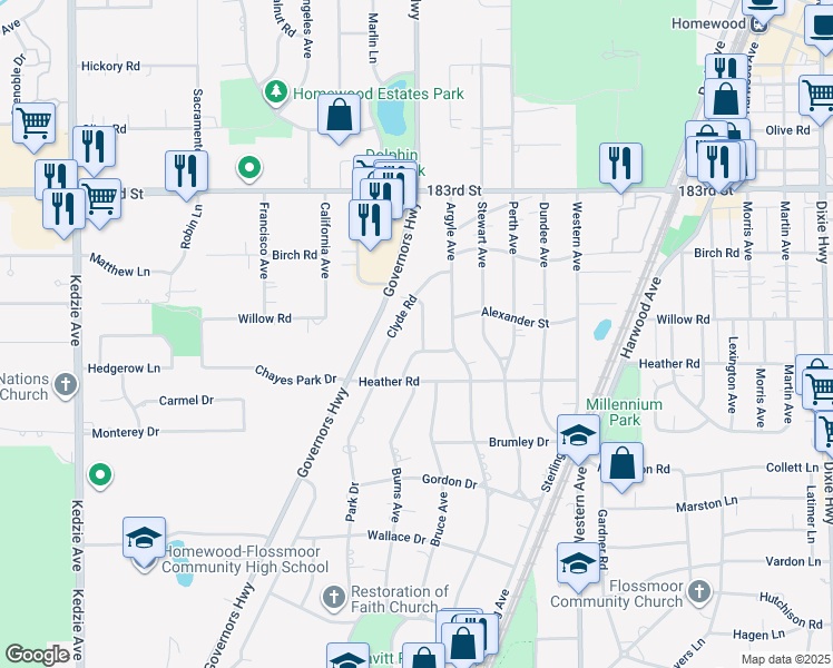 map of restaurants, bars, coffee shops, grocery stores, and more near 18516 Stedhall Road in Homewood