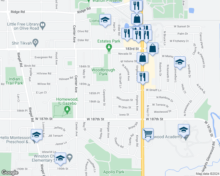 map of restaurants, bars, coffee shops, grocery stores, and more near 340 North Illinois Avenue in Glenwood