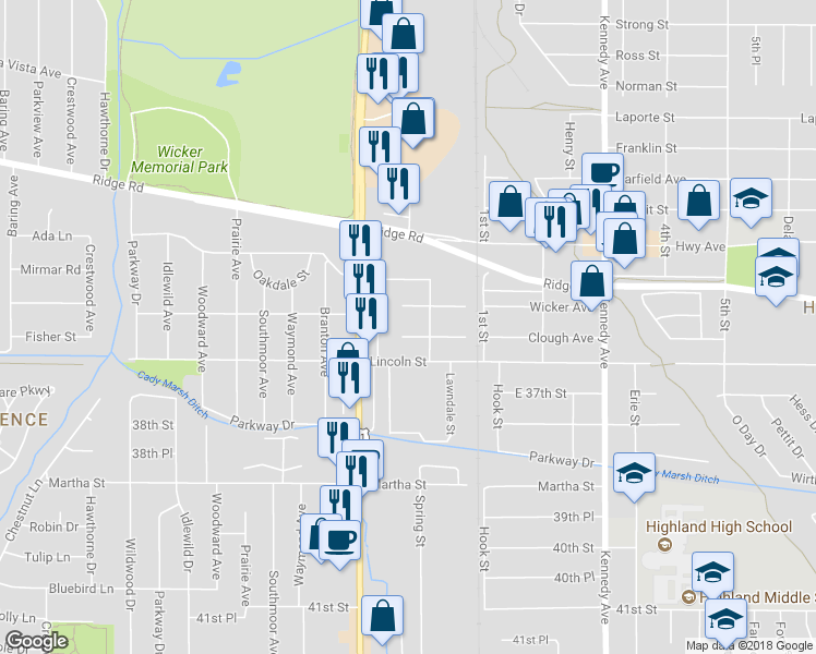 map of restaurants, bars, coffee shops, grocery stores, and more near 2441 Clough Ave in Highland