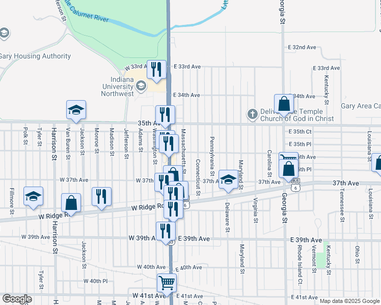 map of restaurants, bars, coffee shops, grocery stores, and more near 147 East 36th Avenue in Gary