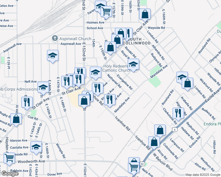 map of restaurants, bars, coffee shops, grocery stores, and more near 15613 Kipling Ave in Cleveland