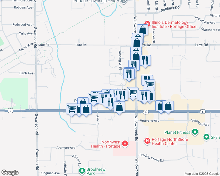 map of restaurants, bars, coffee shops, grocery stores, and more near 5800-5898 Marbella Avenue in Portage