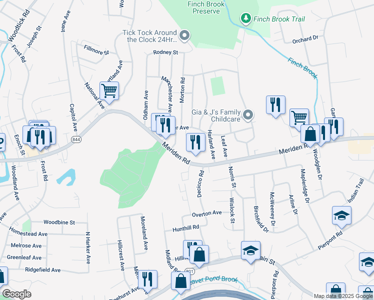 map of restaurants, bars, coffee shops, grocery stores, and more near 975 Meriden Road in Waterbury