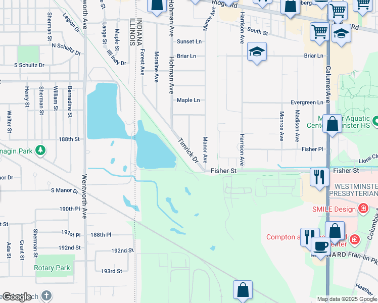 map of restaurants, bars, coffee shops, grocery stores, and more near 10438 Meadow Lane in Munster