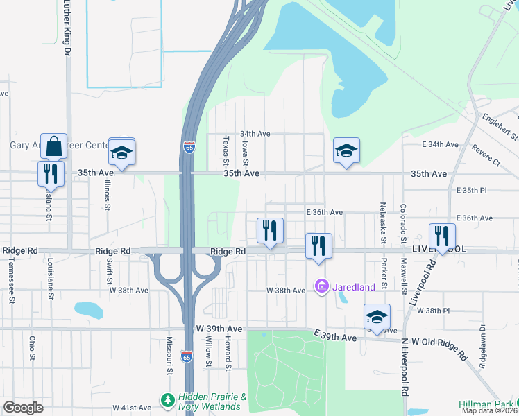 map of restaurants, bars, coffee shops, grocery stores, and more near 2500 East 36th Avenue in Gary